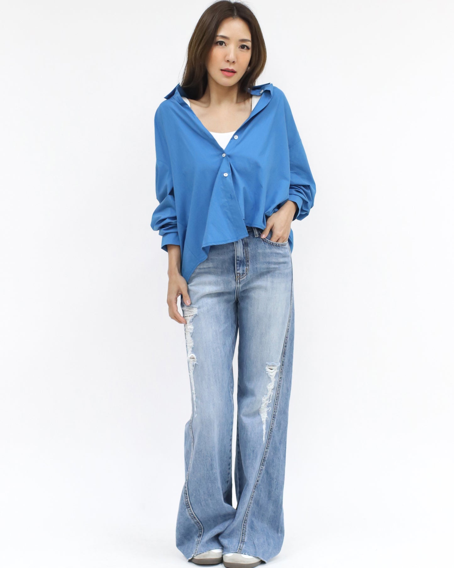 cobalt blue pleats back shirt *pre-order*