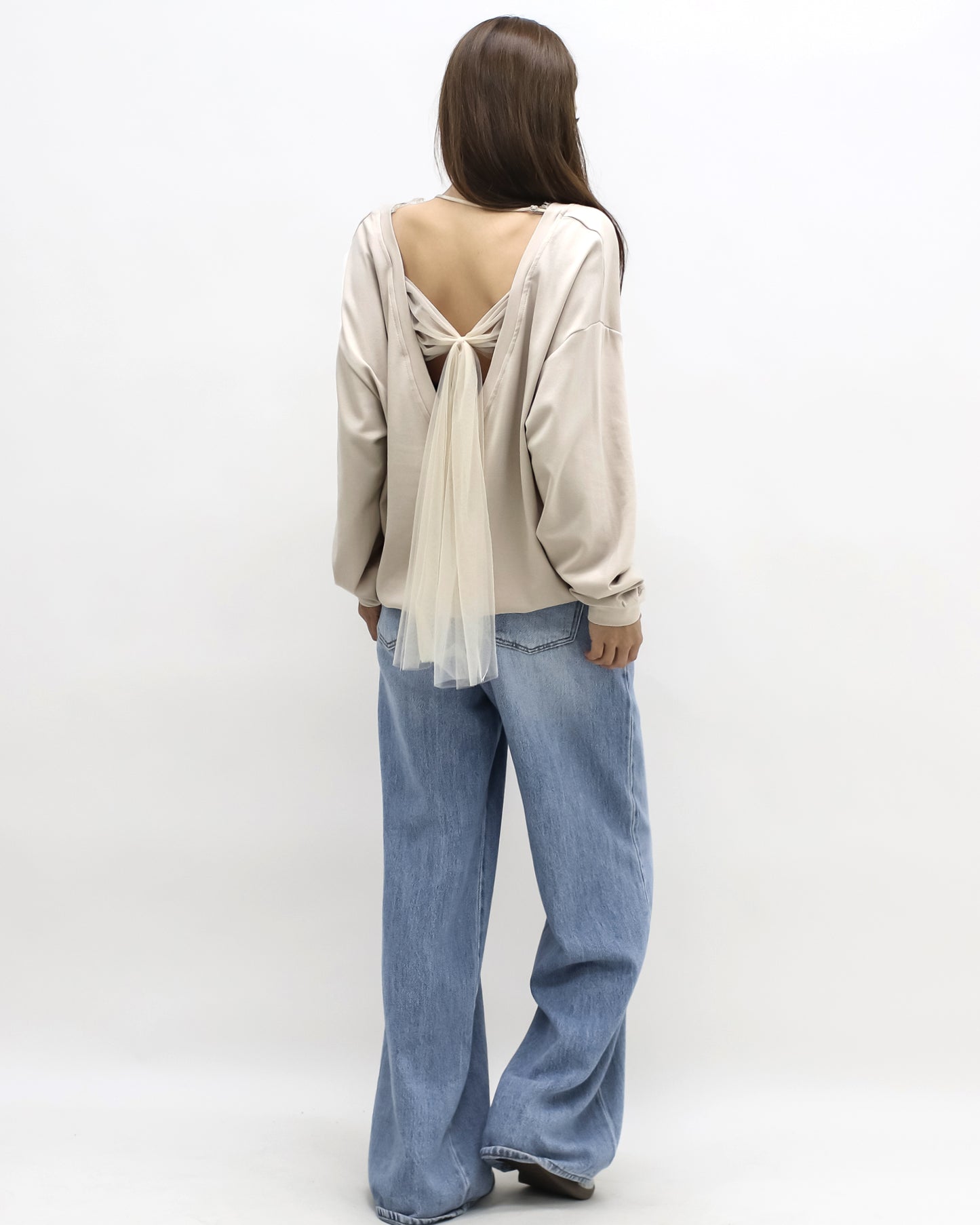 beige w/ mesh bow back soft sweatshirt