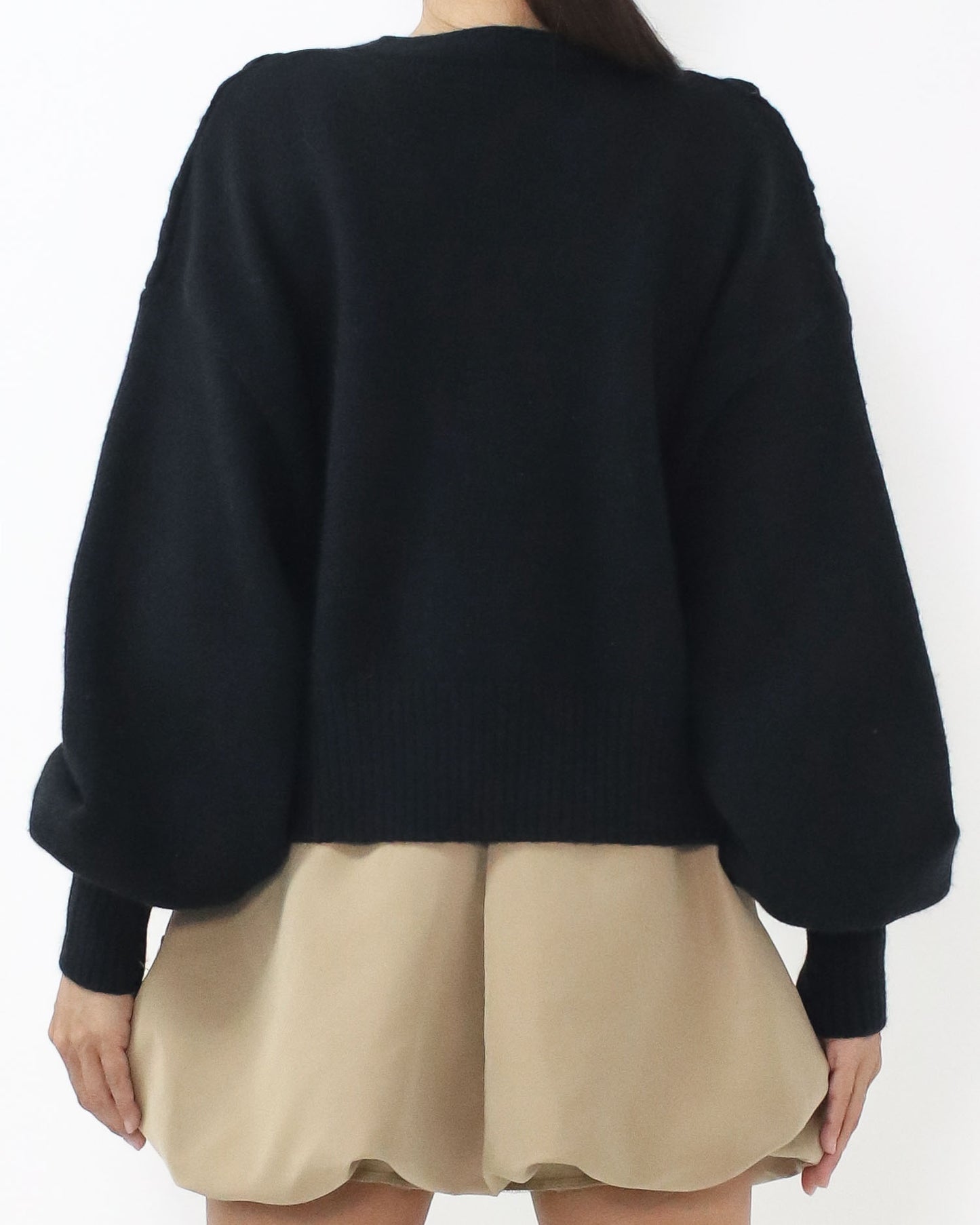 black twisted straps puff sleeves knitted cardigan