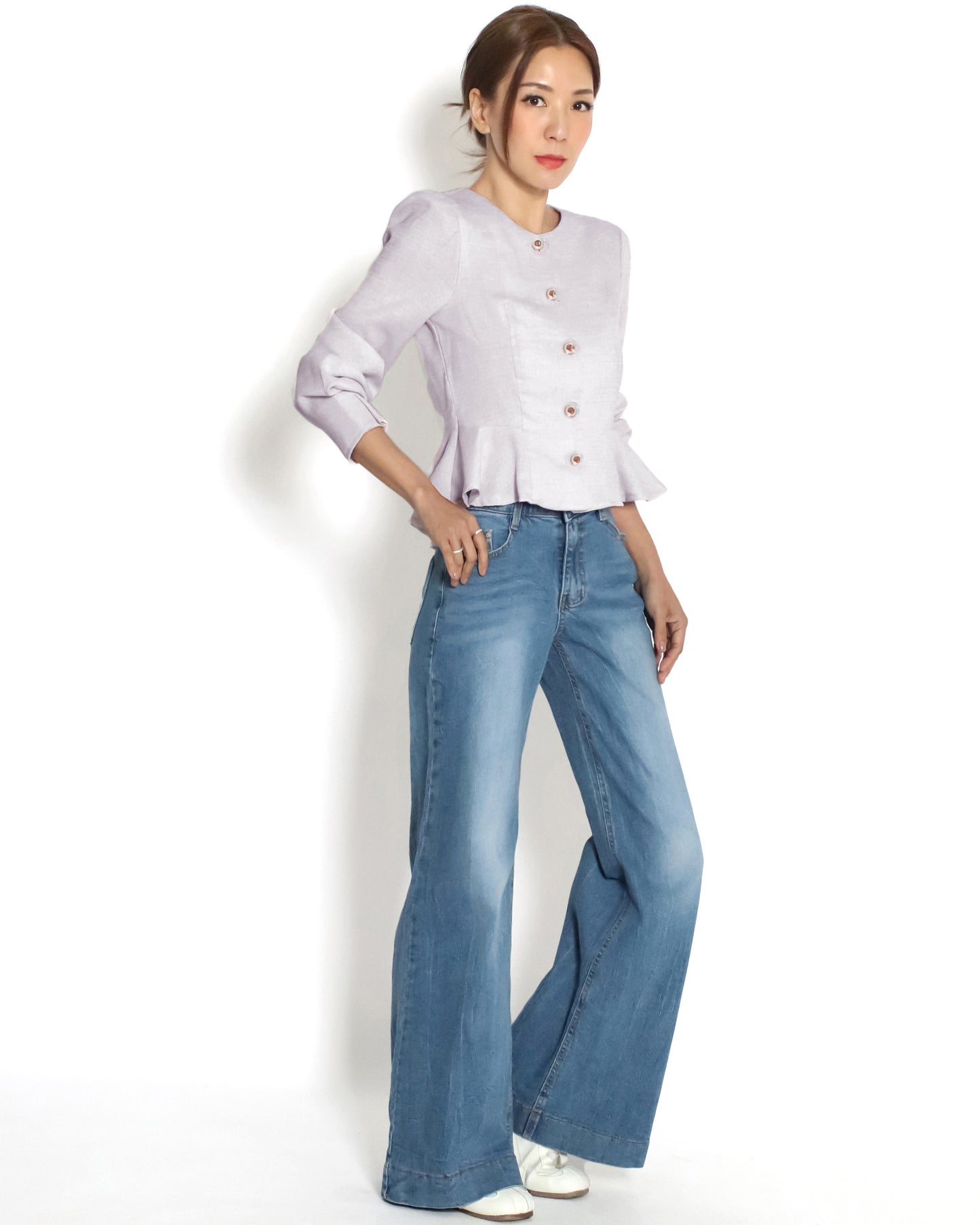 lilac linen flare jacket