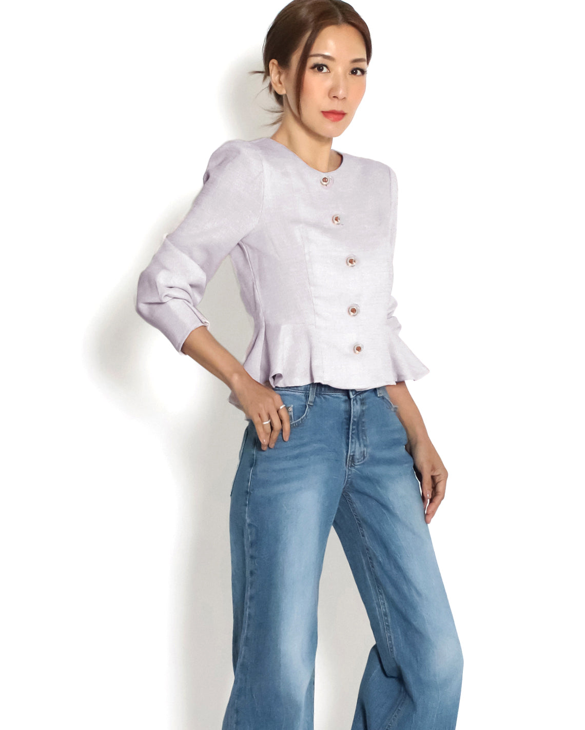 lilac linen flare jacket