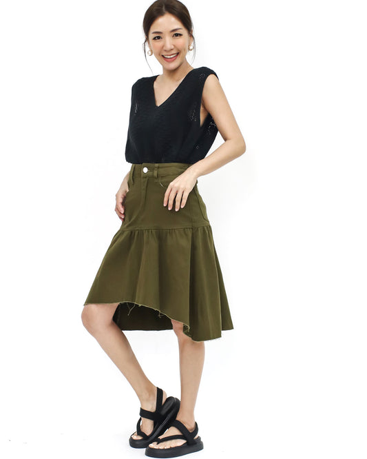 green denim asymmetric hem skirt -S