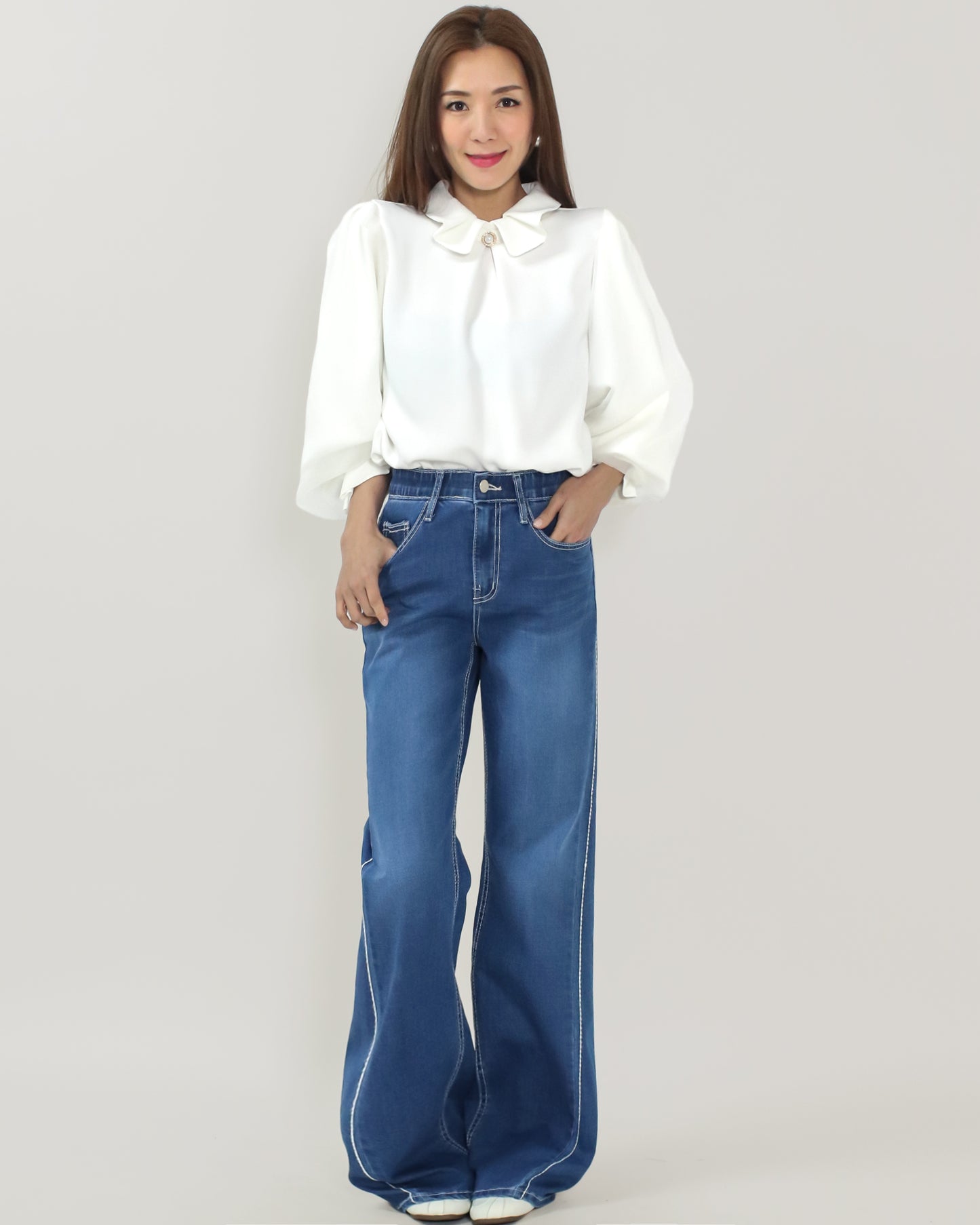 ivory bow collar w/ mesh puff sleeves layer shirt