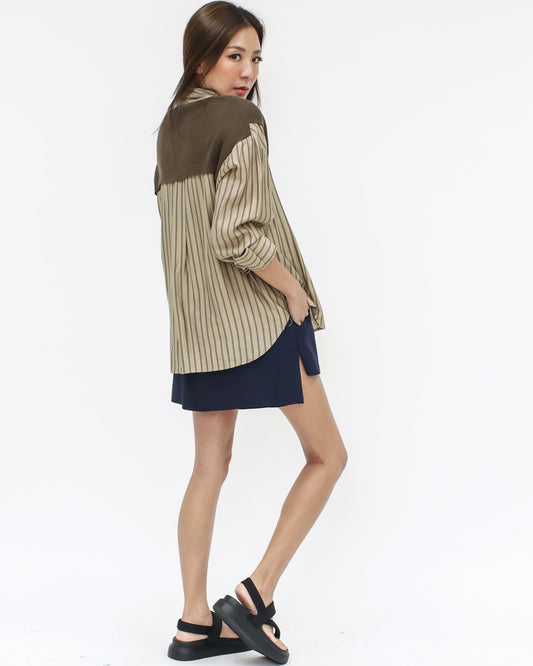 beige & brown stripes w/ knitted sleeves shirt top