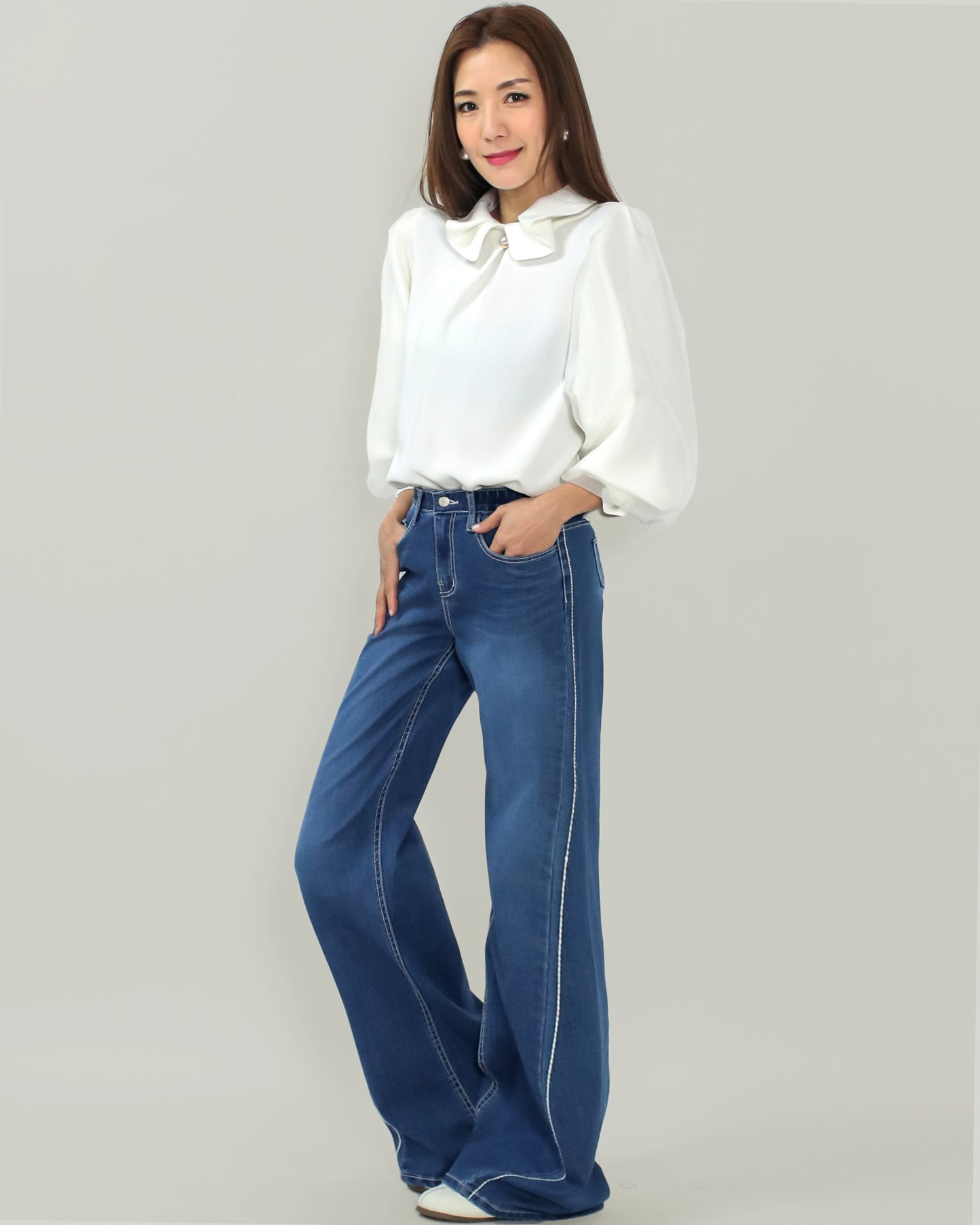 ivory bow collar w/ mesh puff sleeves layer shirt