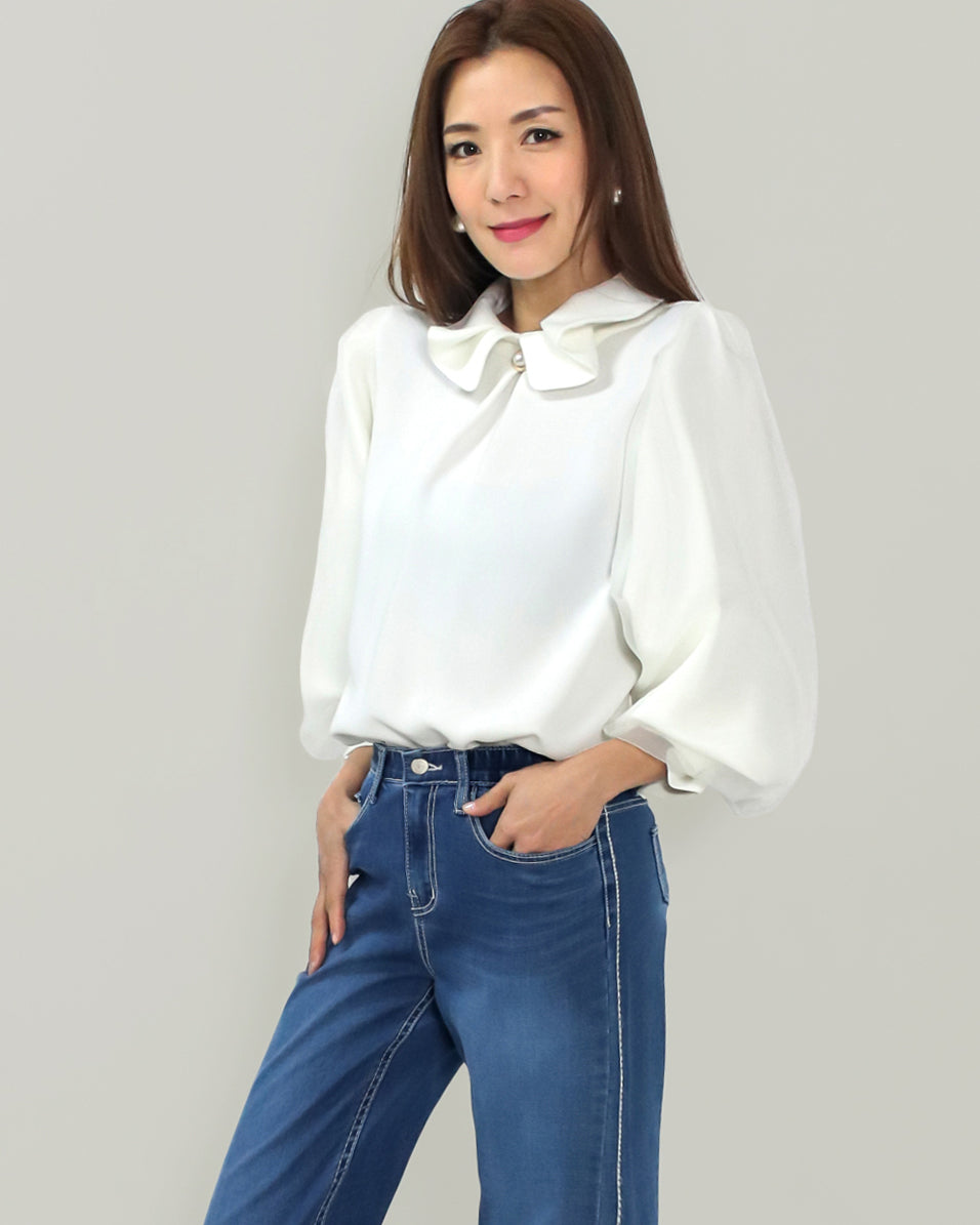 ivory bow collar w/ mesh puff sleeves layer shirt