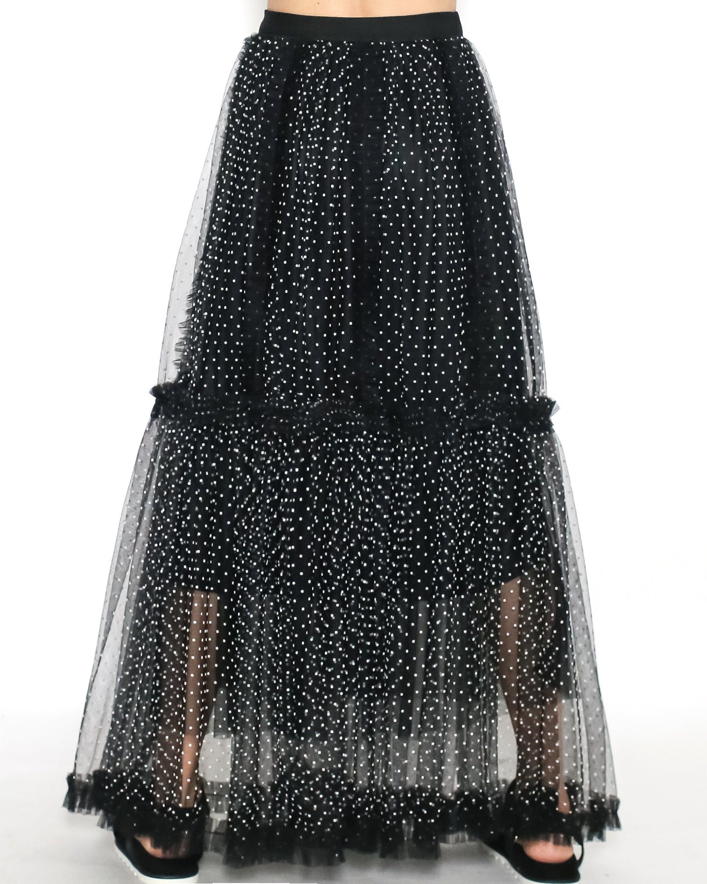 black & ivory polka dots mesh longline skirt *pre-order*
