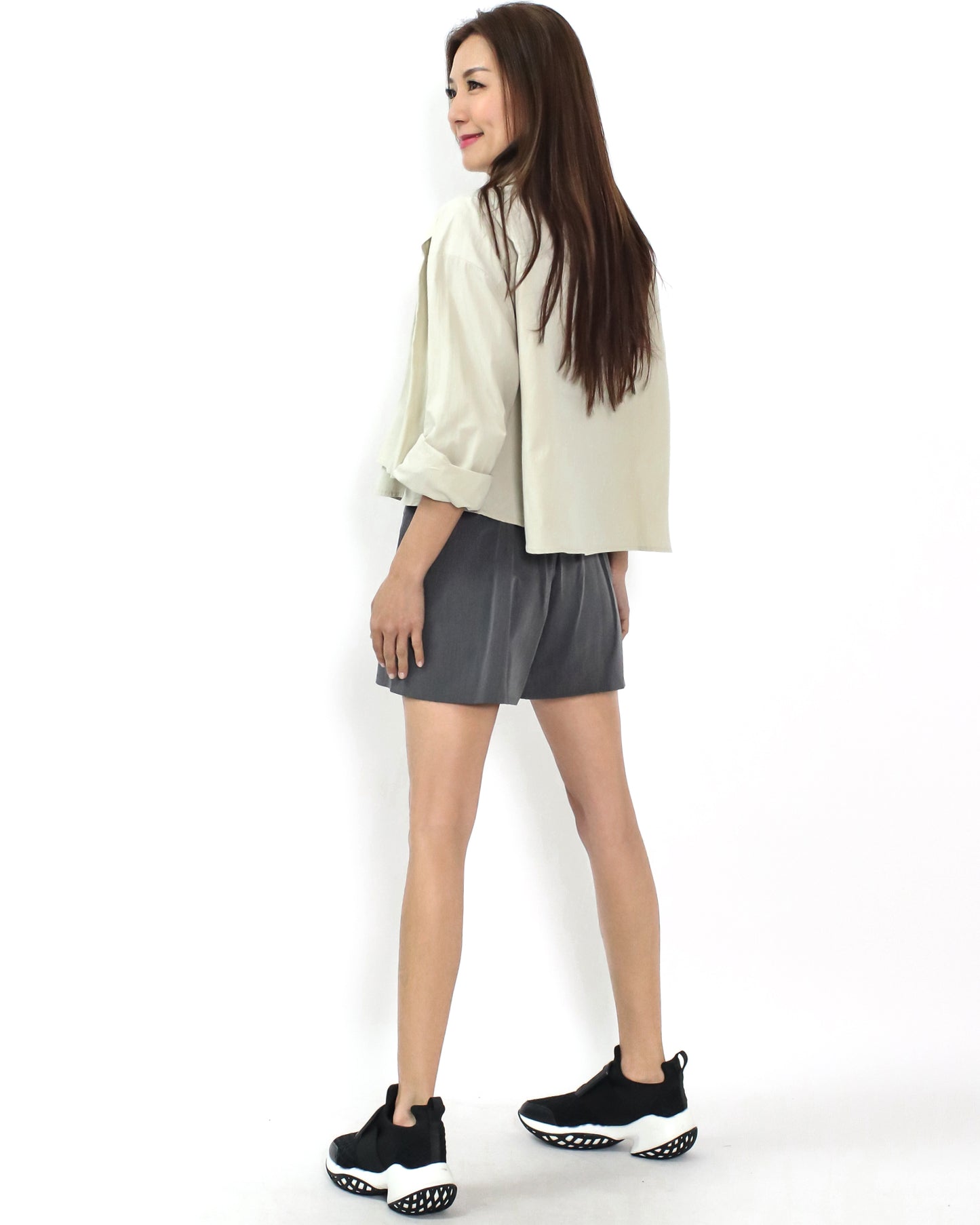 grey pleats front slinky shorts