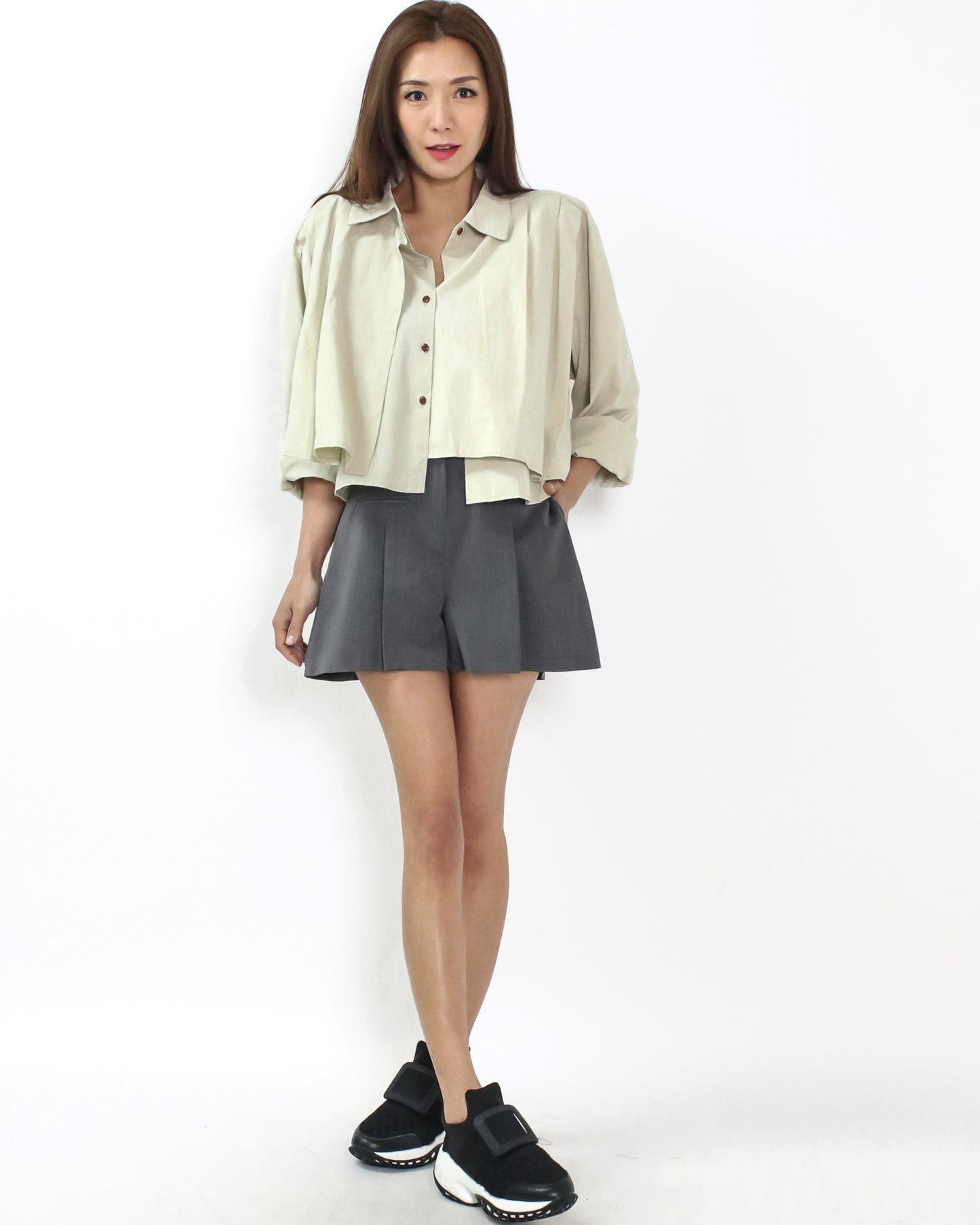 grey pleats front slinky shorts