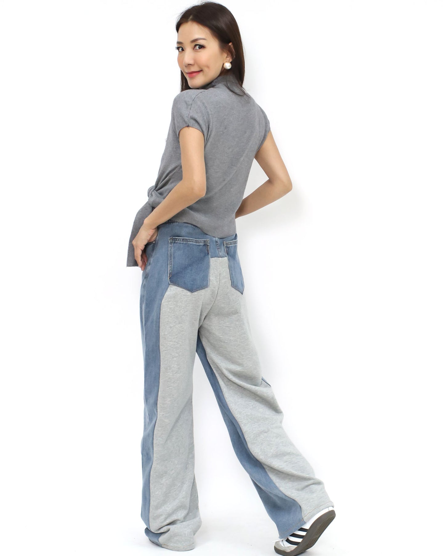 blue denim w/ grey sweat contrast straight leg pants *pre-order*