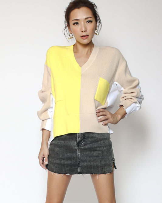beige & yellow knitted with white shirt back contrast top *pre-orde*