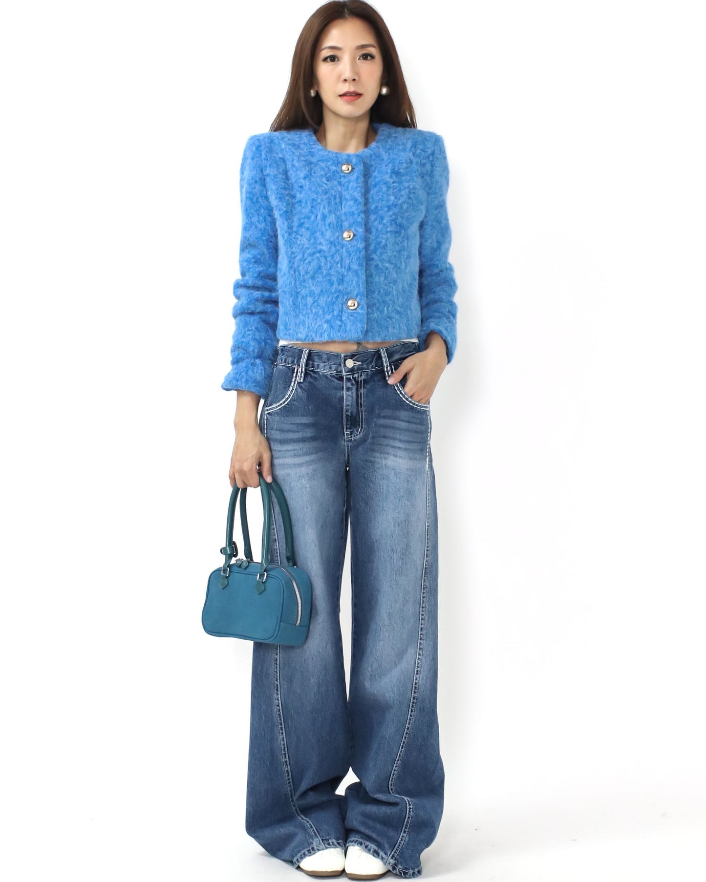 blue boucle wool blended jacket