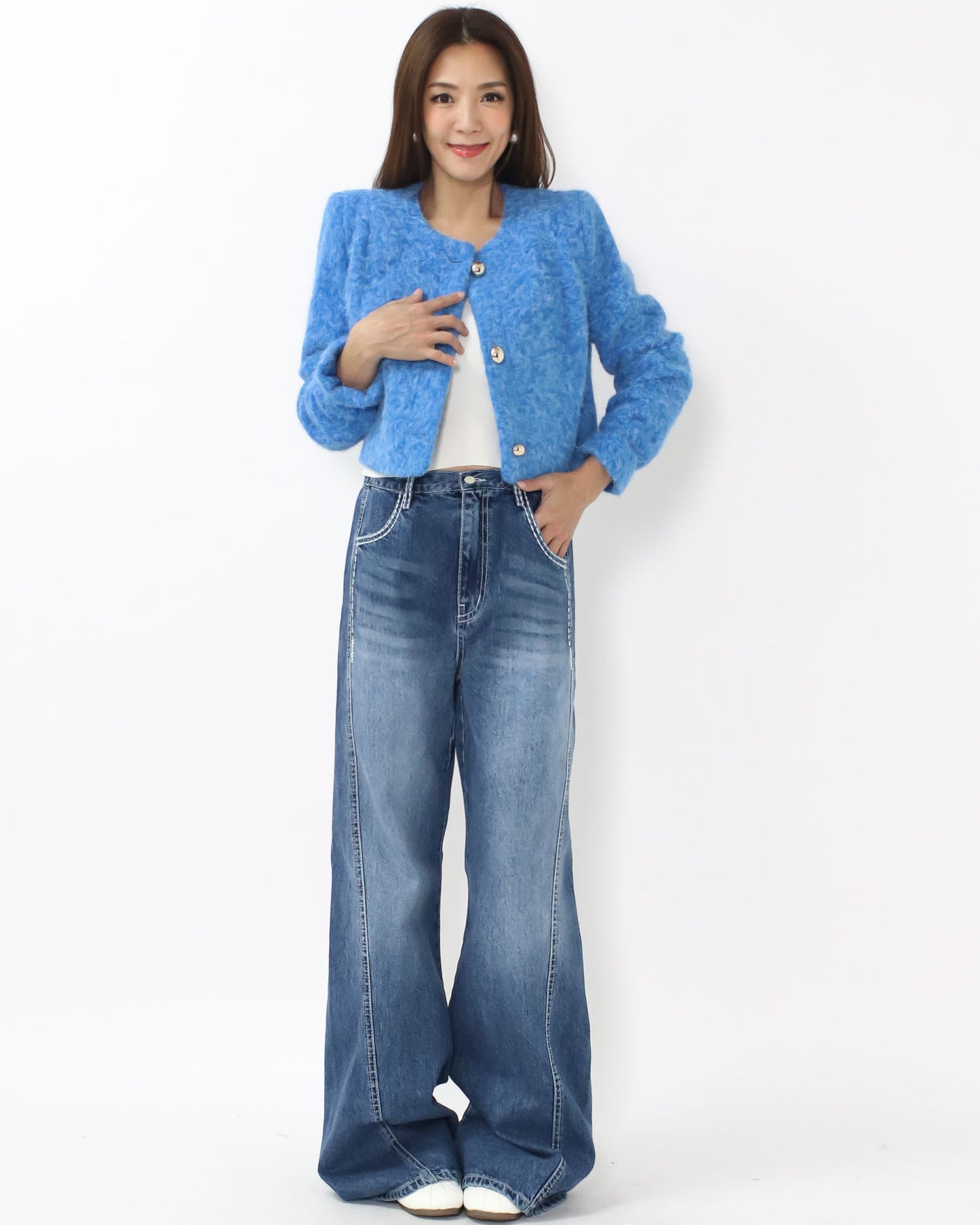 blue boucle wool blended jacket