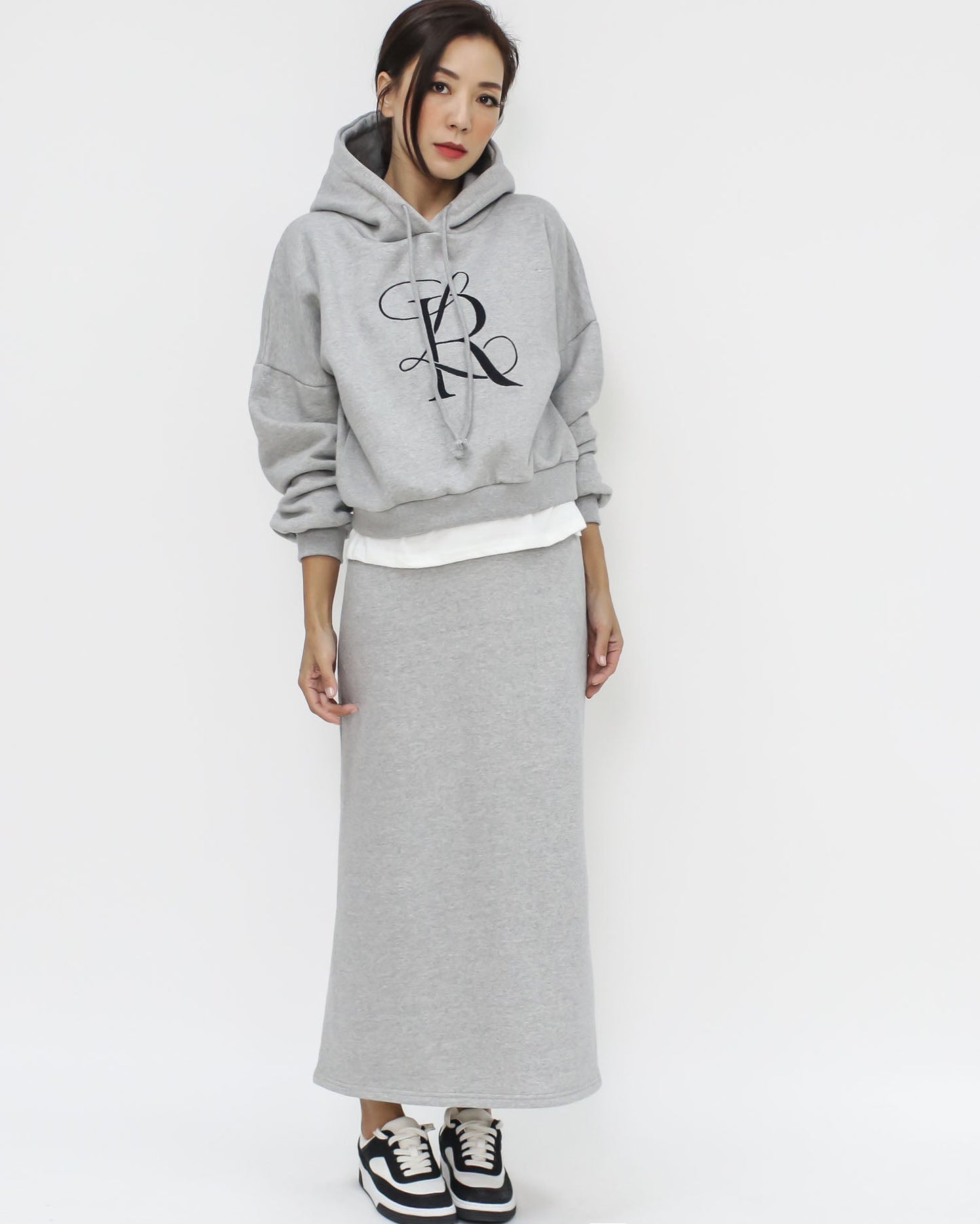 grey embellished hoodie fleece sweatshirt & skirt set *pre-order*
