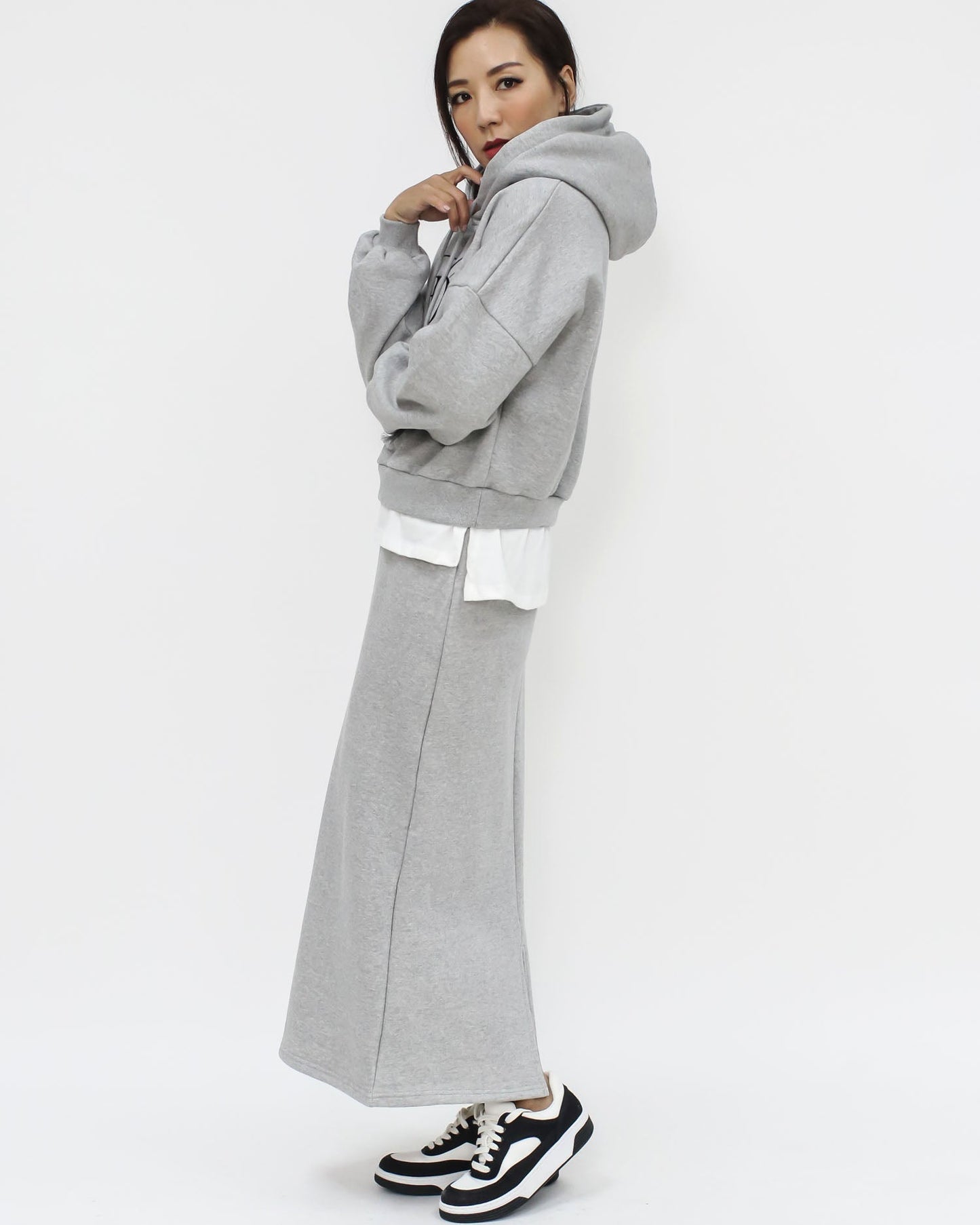 grey embellished hoodie fleece sweatshirt & skirt set *pre-order*