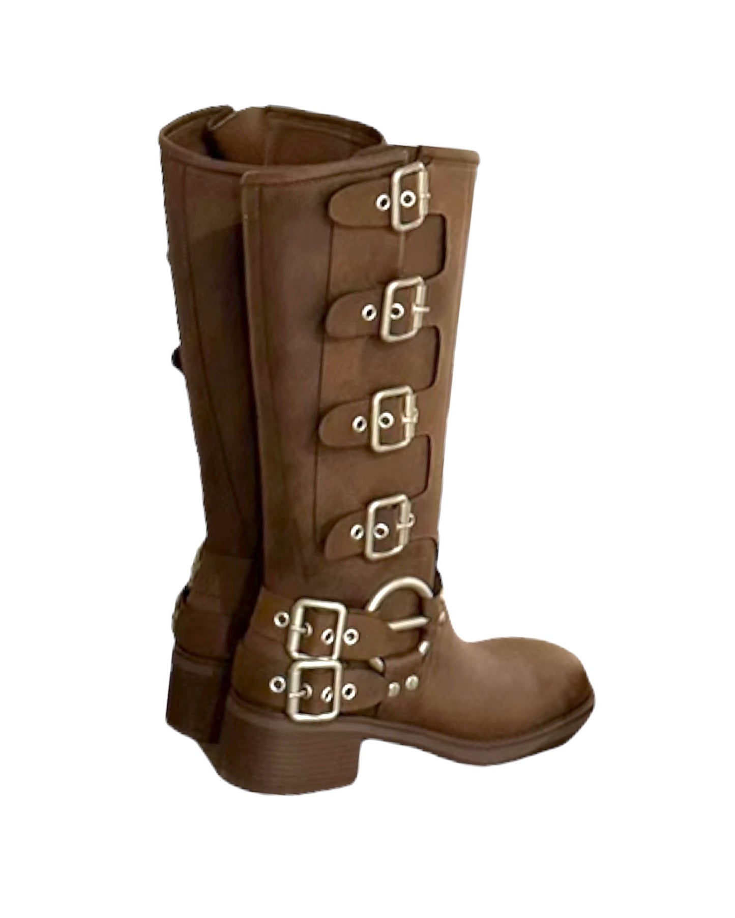 brown leather buckles knee length biker boots - 37