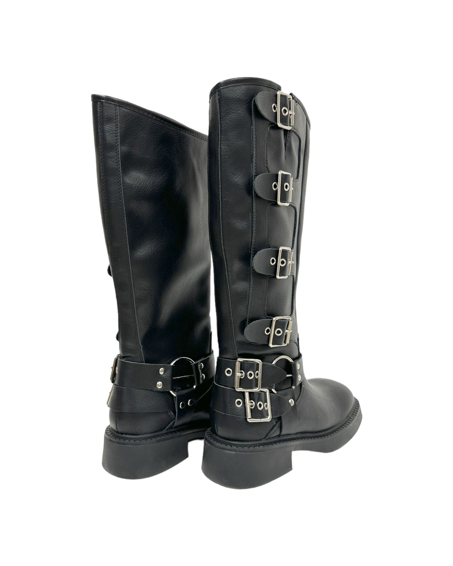 black leather buckles knee length biker boots - 35,37,39