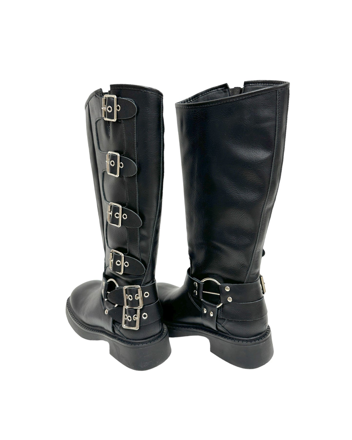 black leather buckles knee length biker boots - 35,37,39