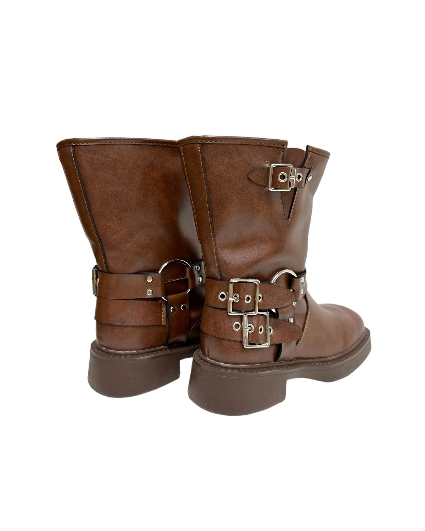 brown leather buckles biker boots - 37