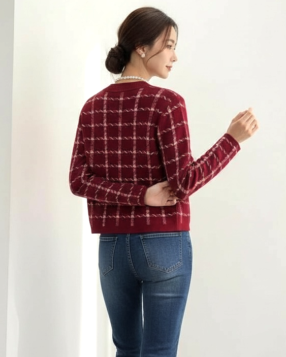 red w/ ivory checkers & chain pockets knitted cardigan *pre-order*