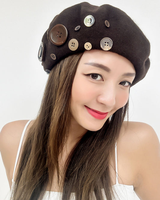brown button wool blended beret *pre-order*