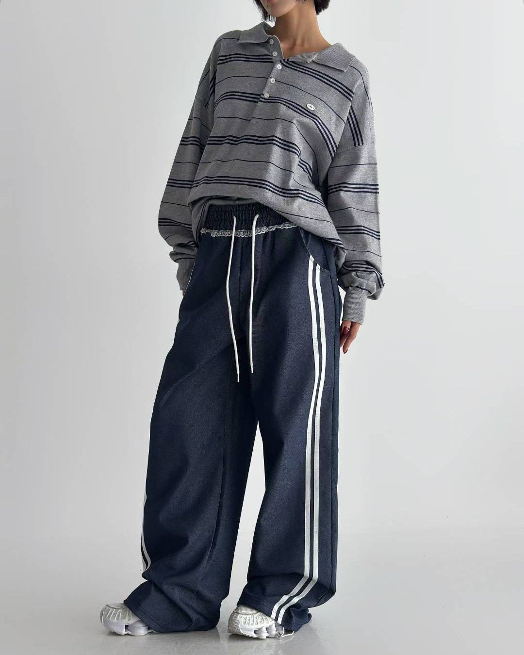 denim panel lace straight leg pants *pre-order*