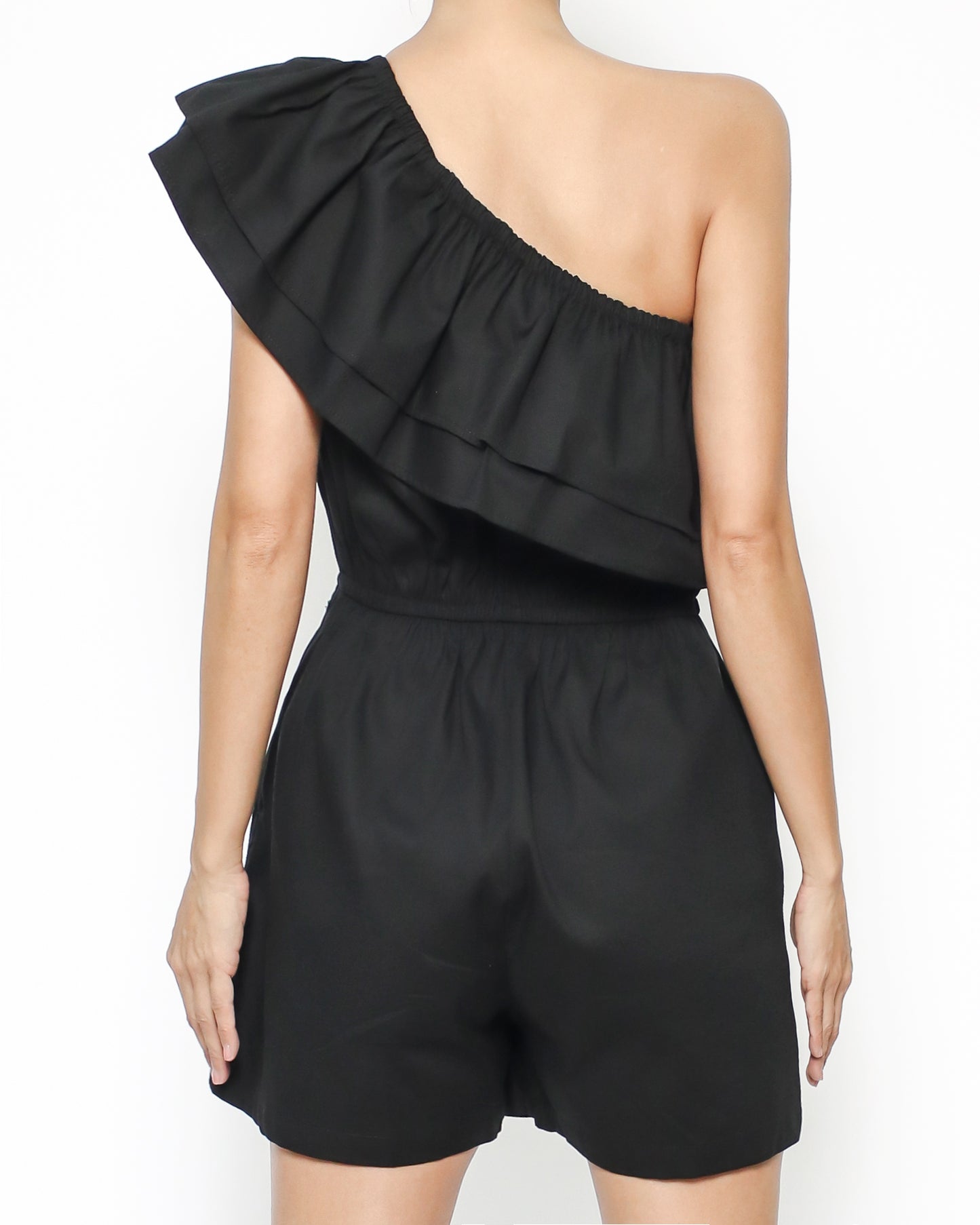black one shoulder ruffles shirt jumpsuit *pre-order*