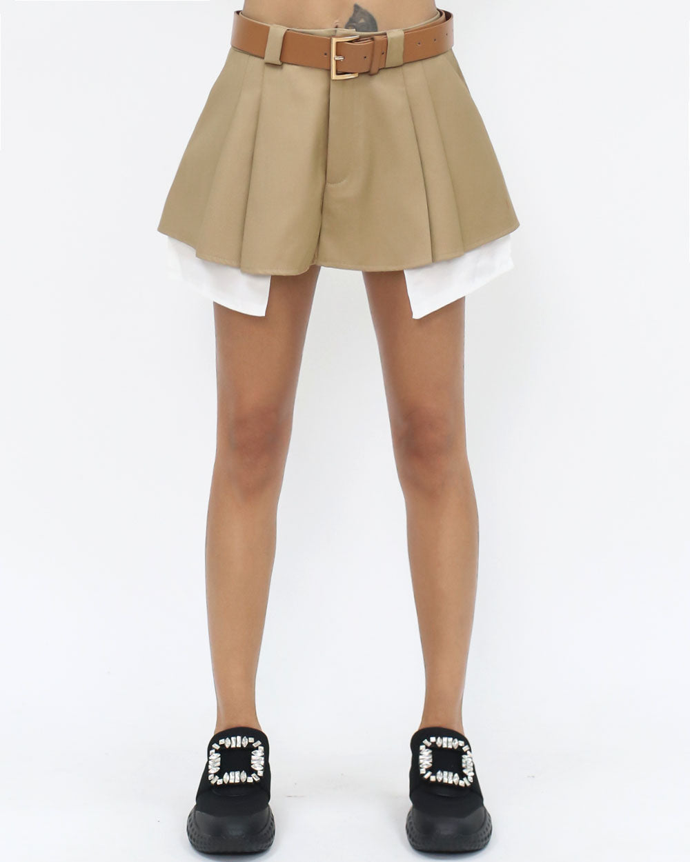 beige pleats & ivory layer mini skort S