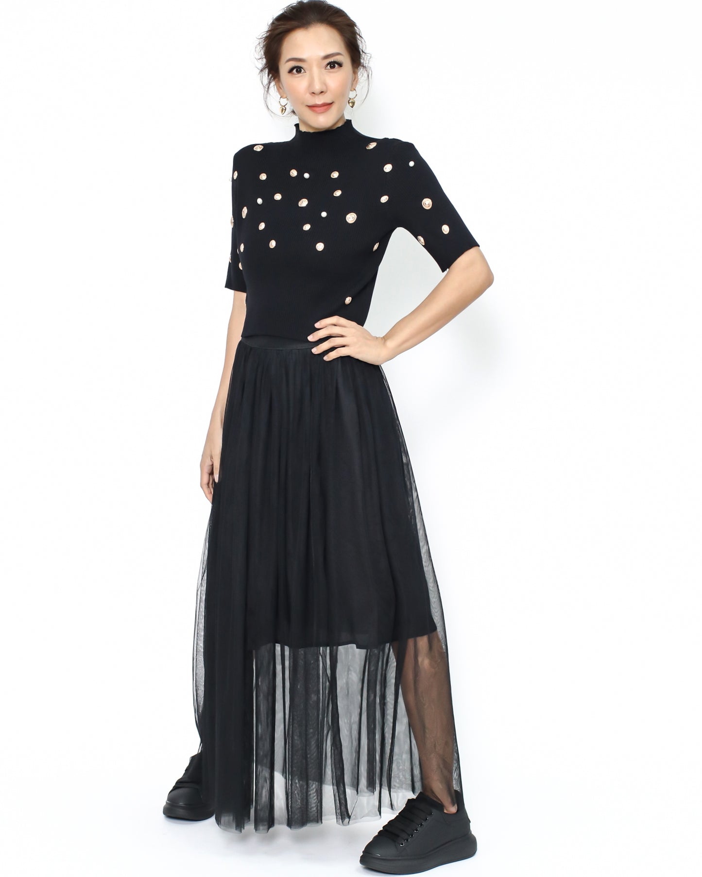 black studded knitted cropped top & mesh skirt set *pre-order*