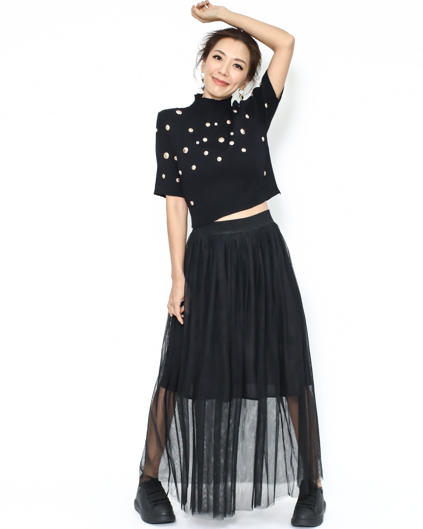 black studded knitted cropped top & mesh skirt set *pre-order*