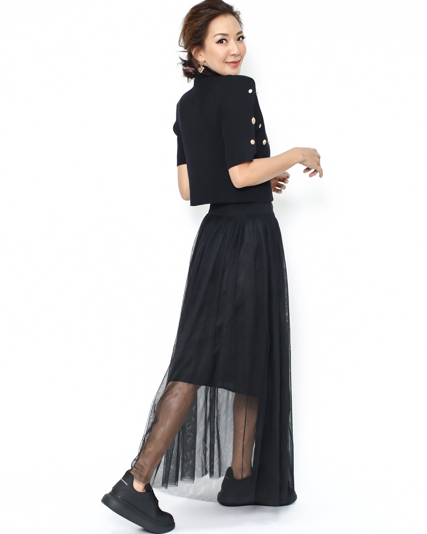 black studded knitted cropped top & mesh skirt set *pre-order*