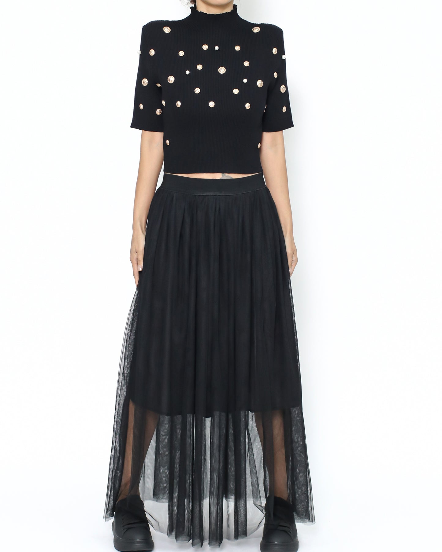 black studded knitted cropped top & mesh skirt set *pre-order*