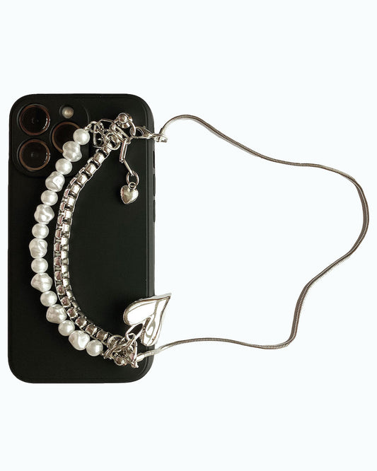 black silicon pearls & silver chain hearts phone case *pre-order*
