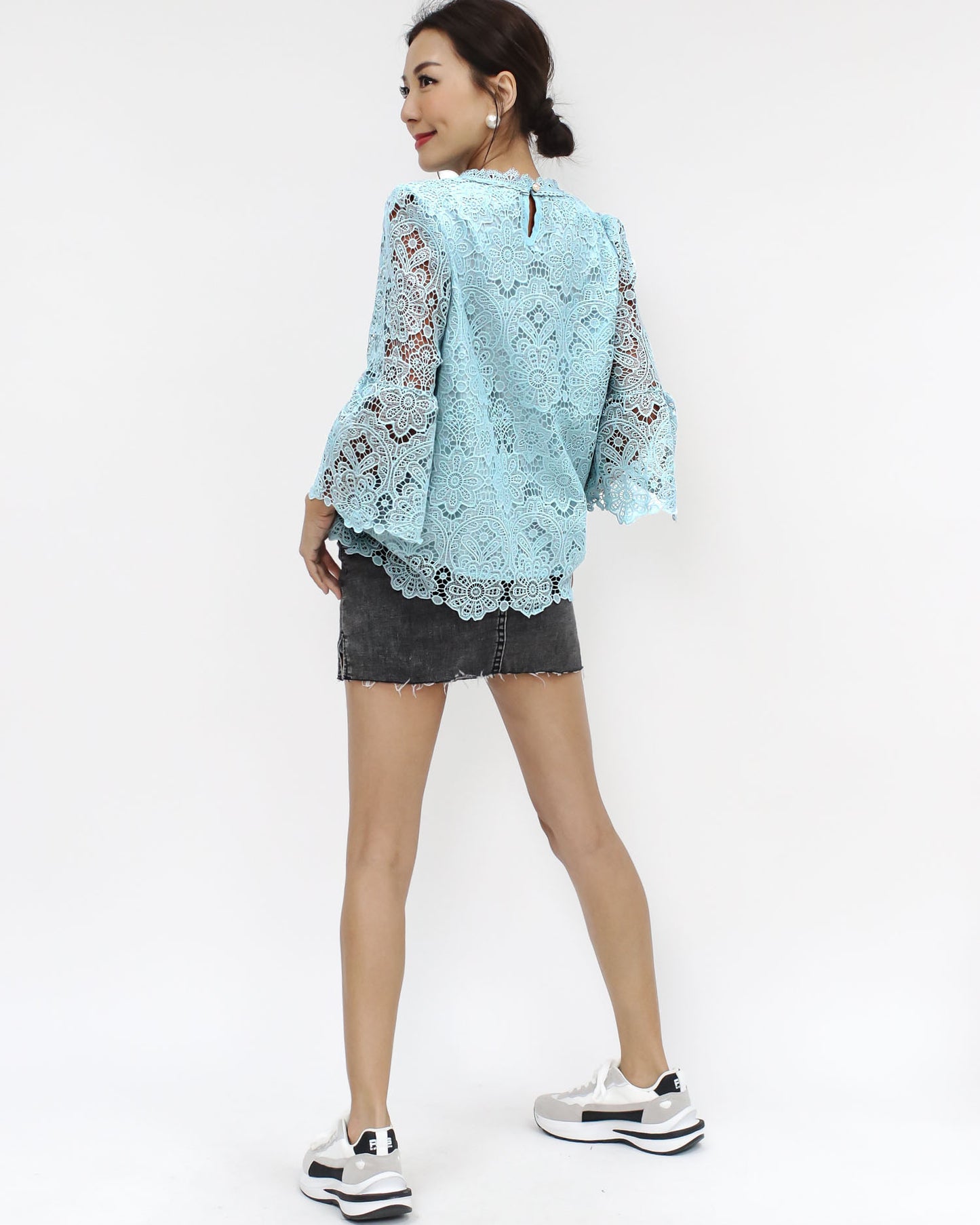 blue crochet bell sleeves top