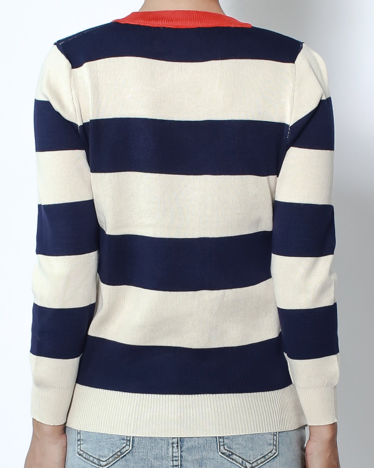beige & navy stripes with red neckline knitted top *pre-order*