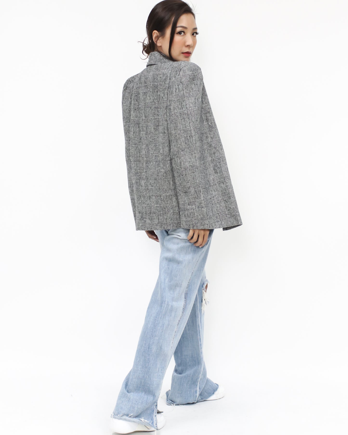 grey checkers wool blended cape blazer *pre-order*
