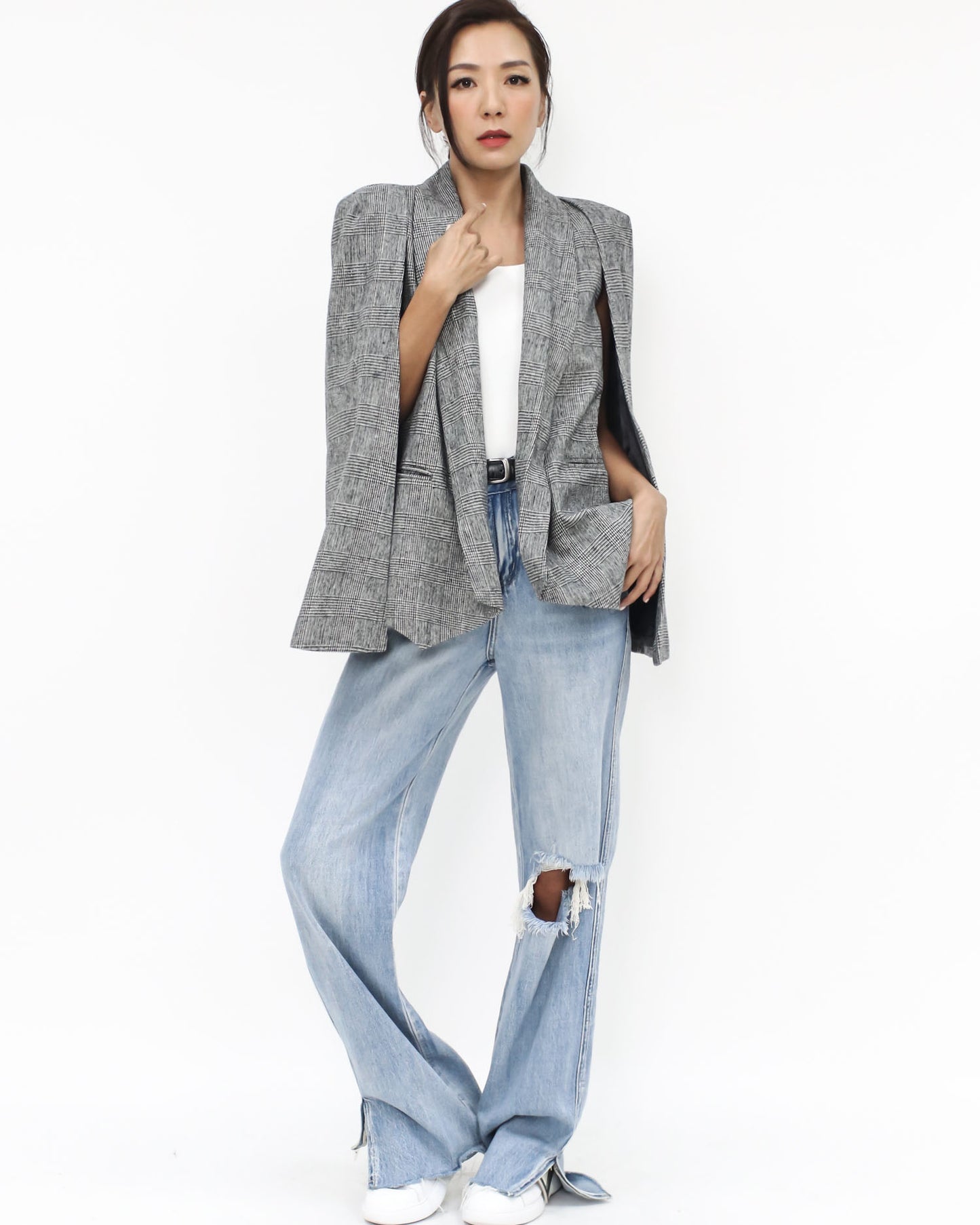 grey checkers wool blended cape blazer