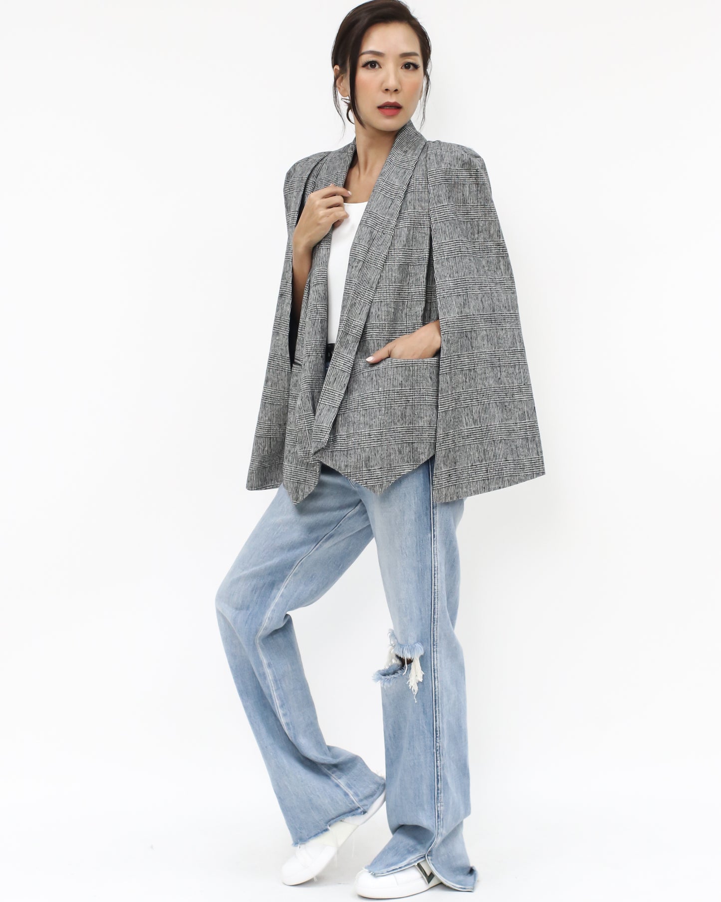 grey checkers wool blended cape blazer *pre-order*