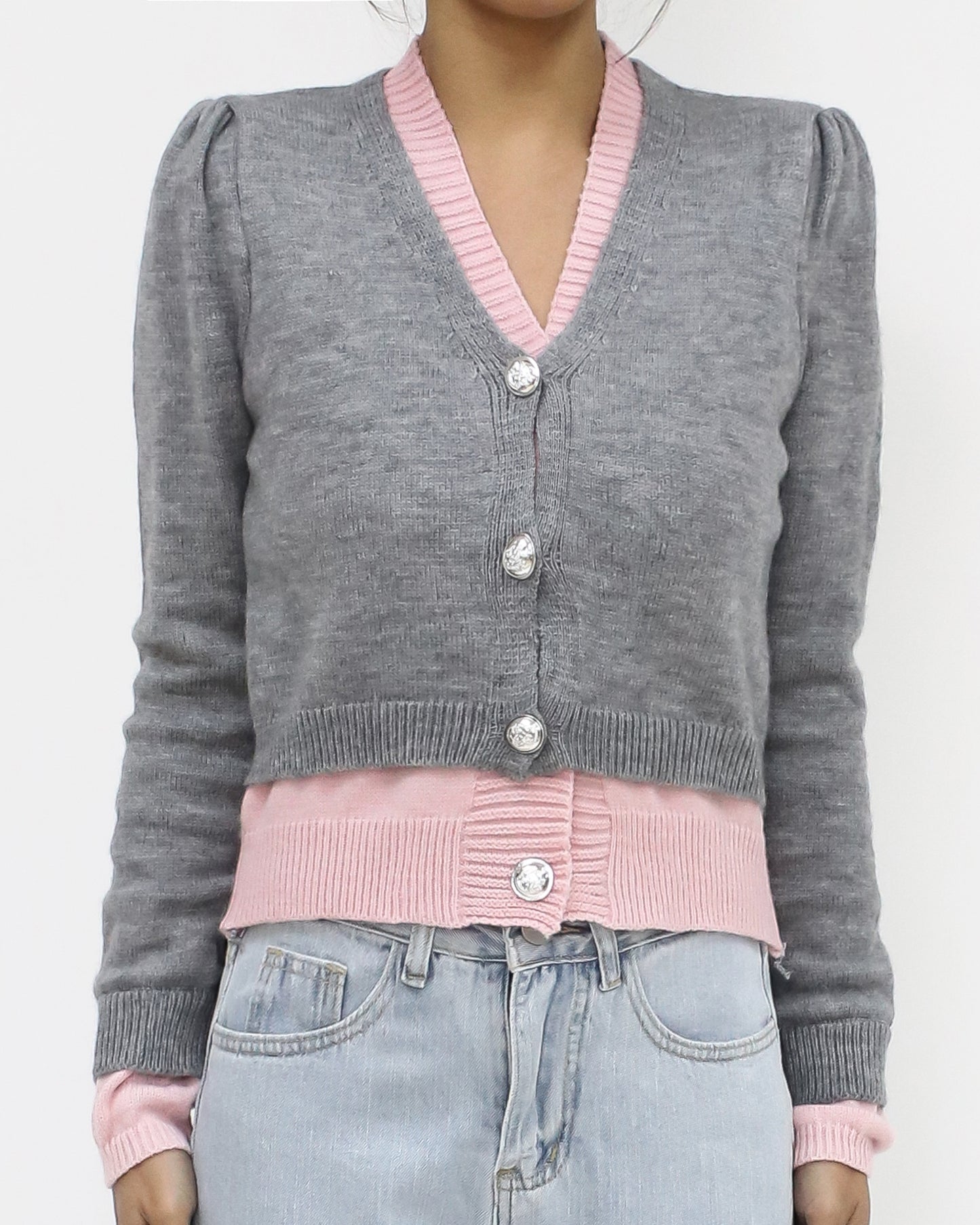 grey & pink layer knitted cardigan *pre-order*