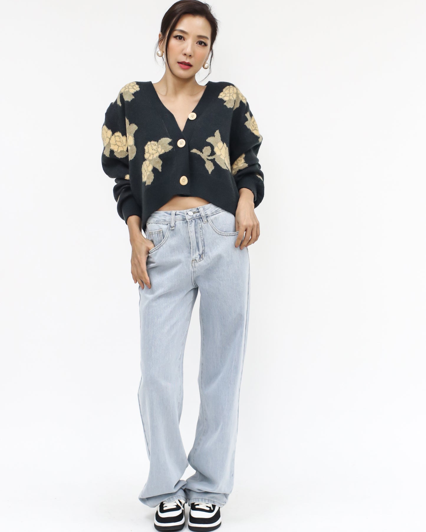 dark grey & yellow printed flowers knitted cardigan *pre-order*