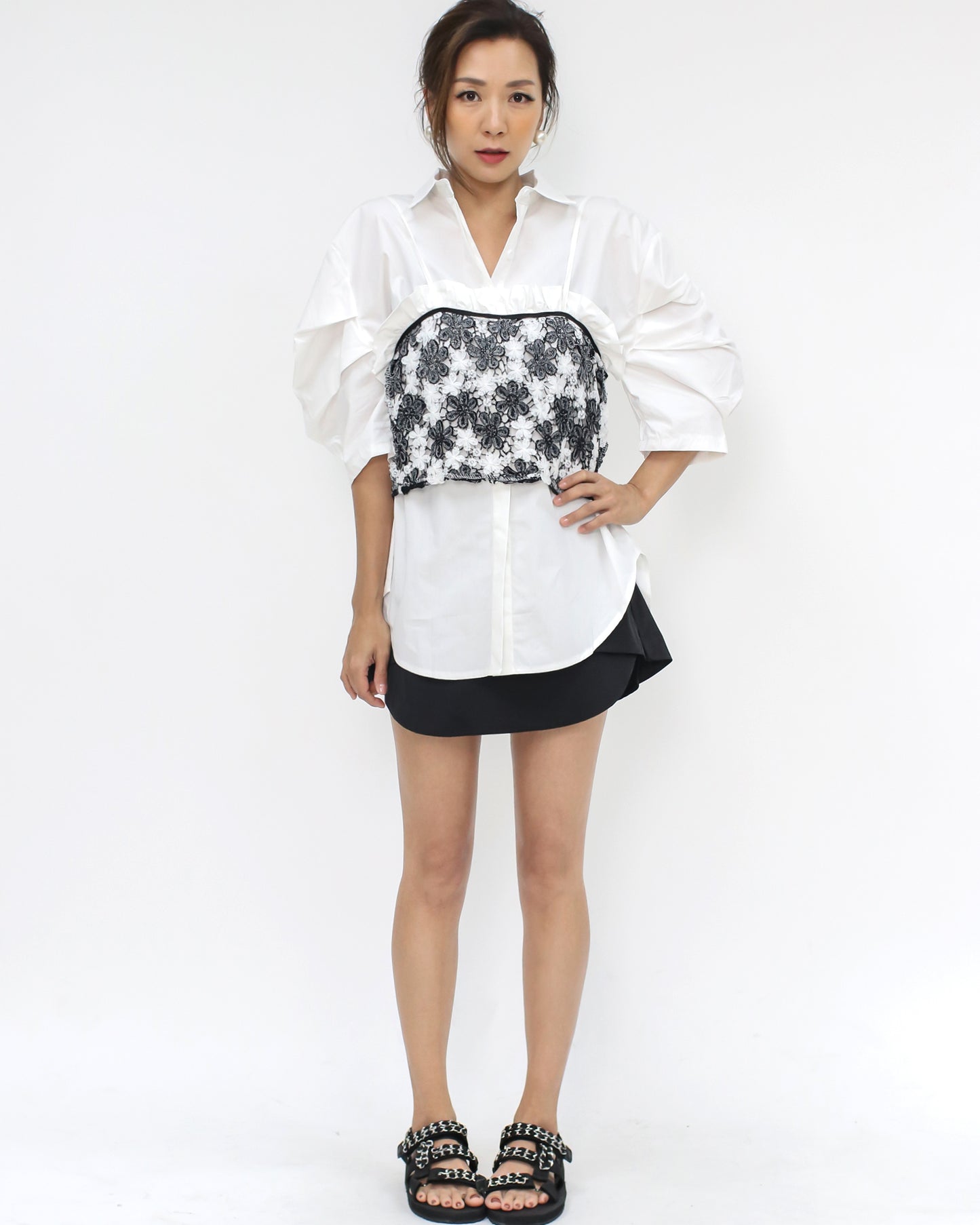 ivory ruched sleeves shirt w/ black lace slip *pre-order*