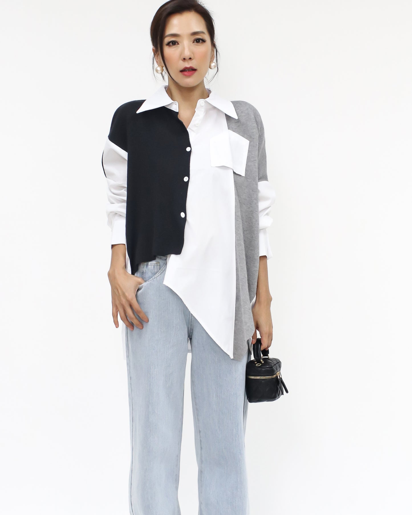 ivory & black grey asymmetric hem shirt
