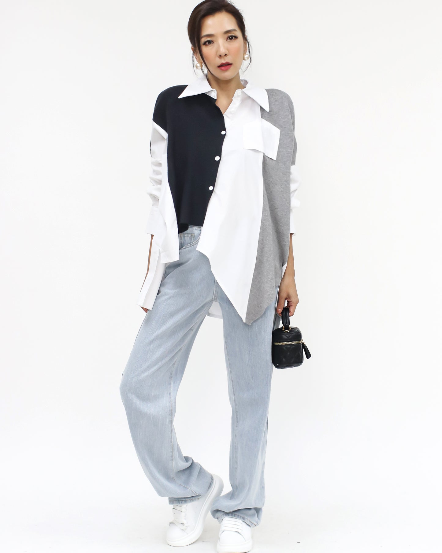ivory & black grey asymmetric hem shirt