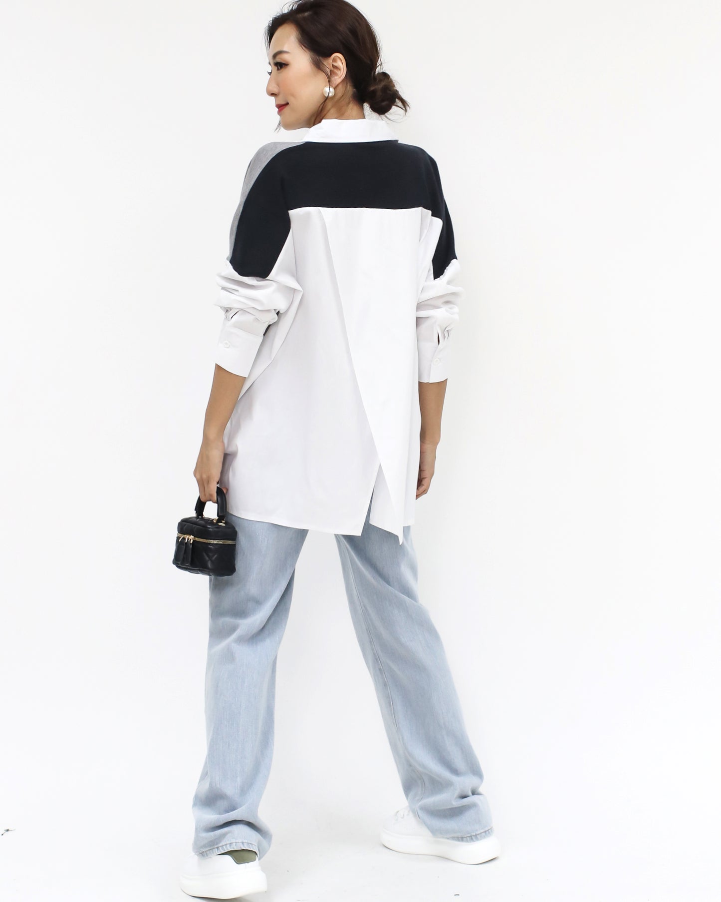 ivory & black grey asymmetric hem shirt