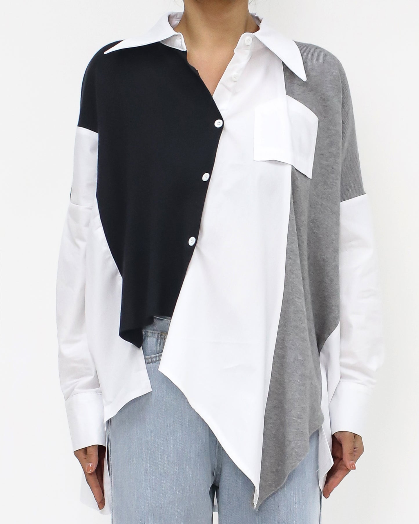 ivory & black grey asymmetric hem shirt
