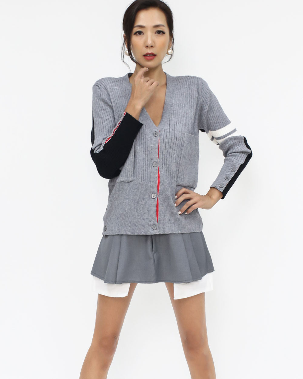 grey & navy w/ ivory stripes sleeves knitted cardigan *pre-order*