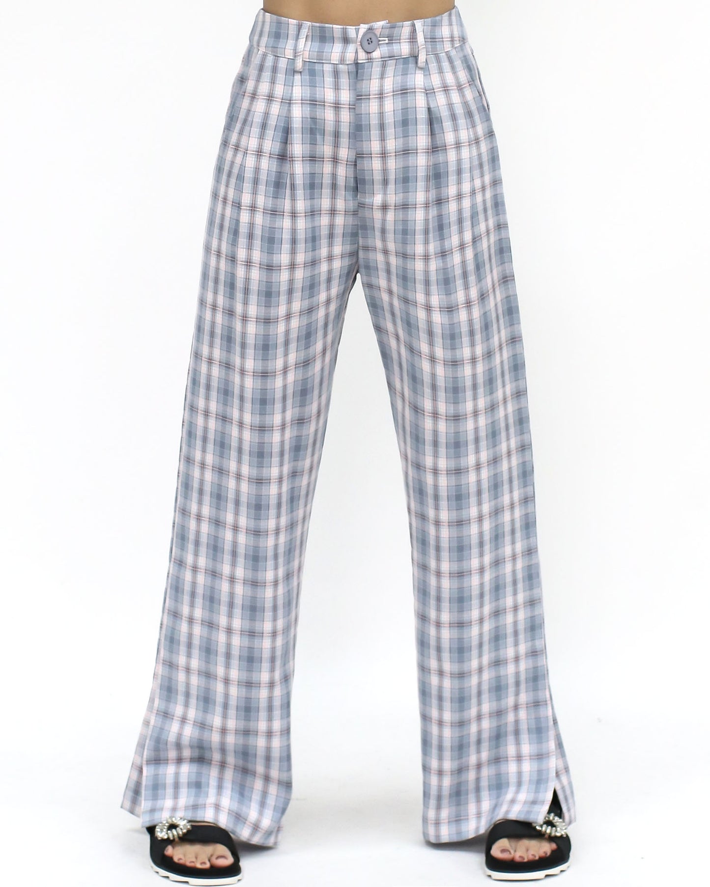 blue checkers split sides straight pants - S