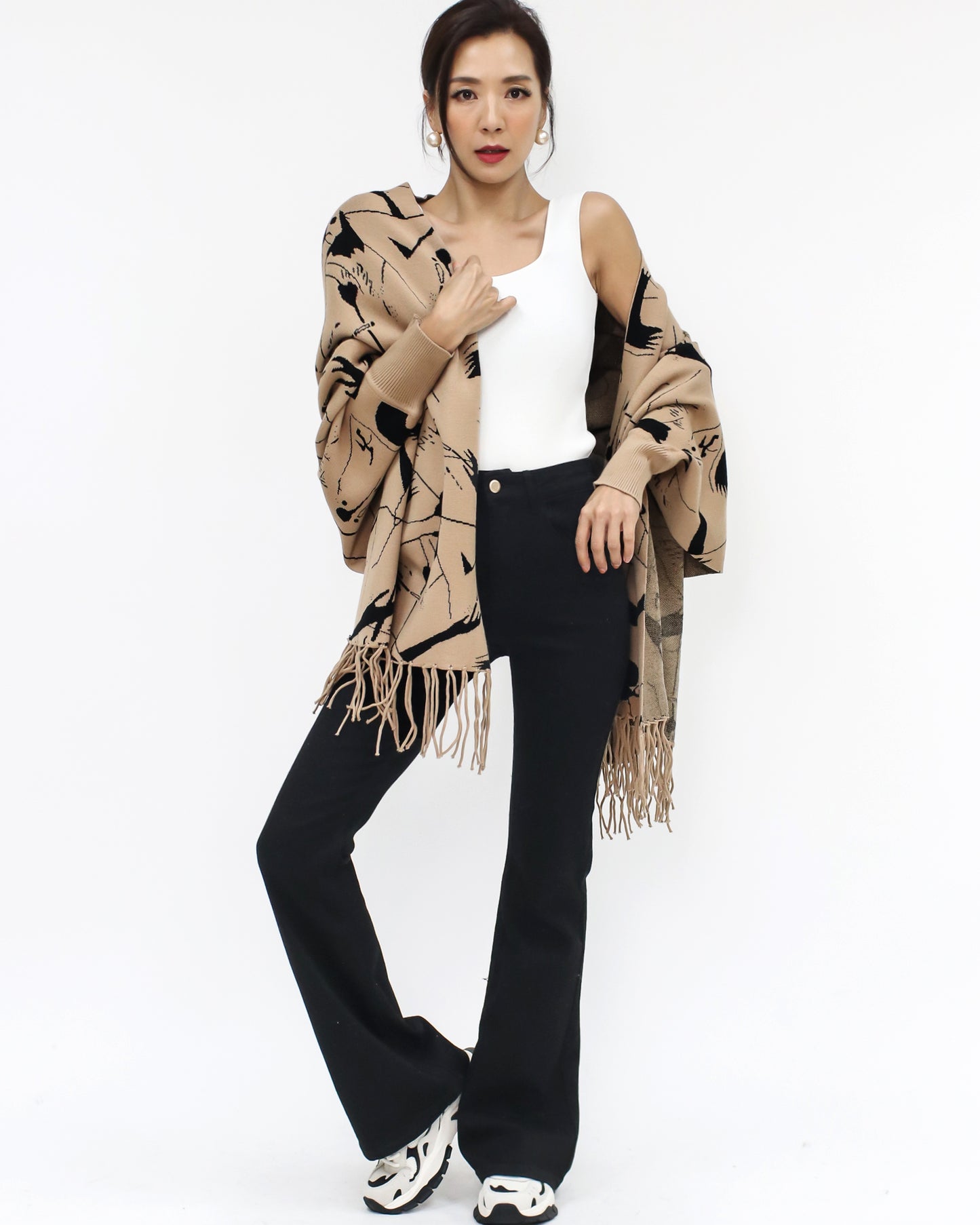 camel printed tassels knitted scarf poncho *pre-order*