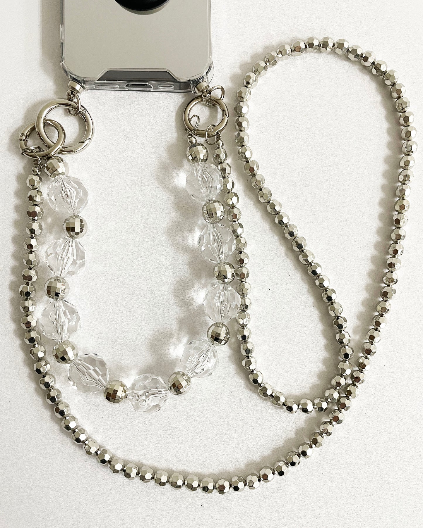 silver mirror studded holder chain & beads straps phone case *pre-order*
