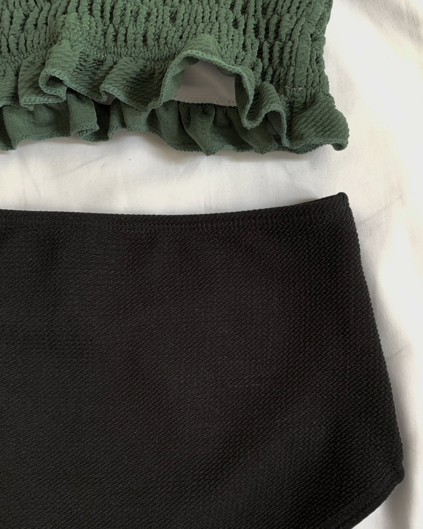 green ruched off shoulders & black high waist texture bottom bikini *pre-order*